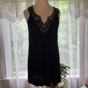 Black cotton tunic style blouse with neckline embellishment